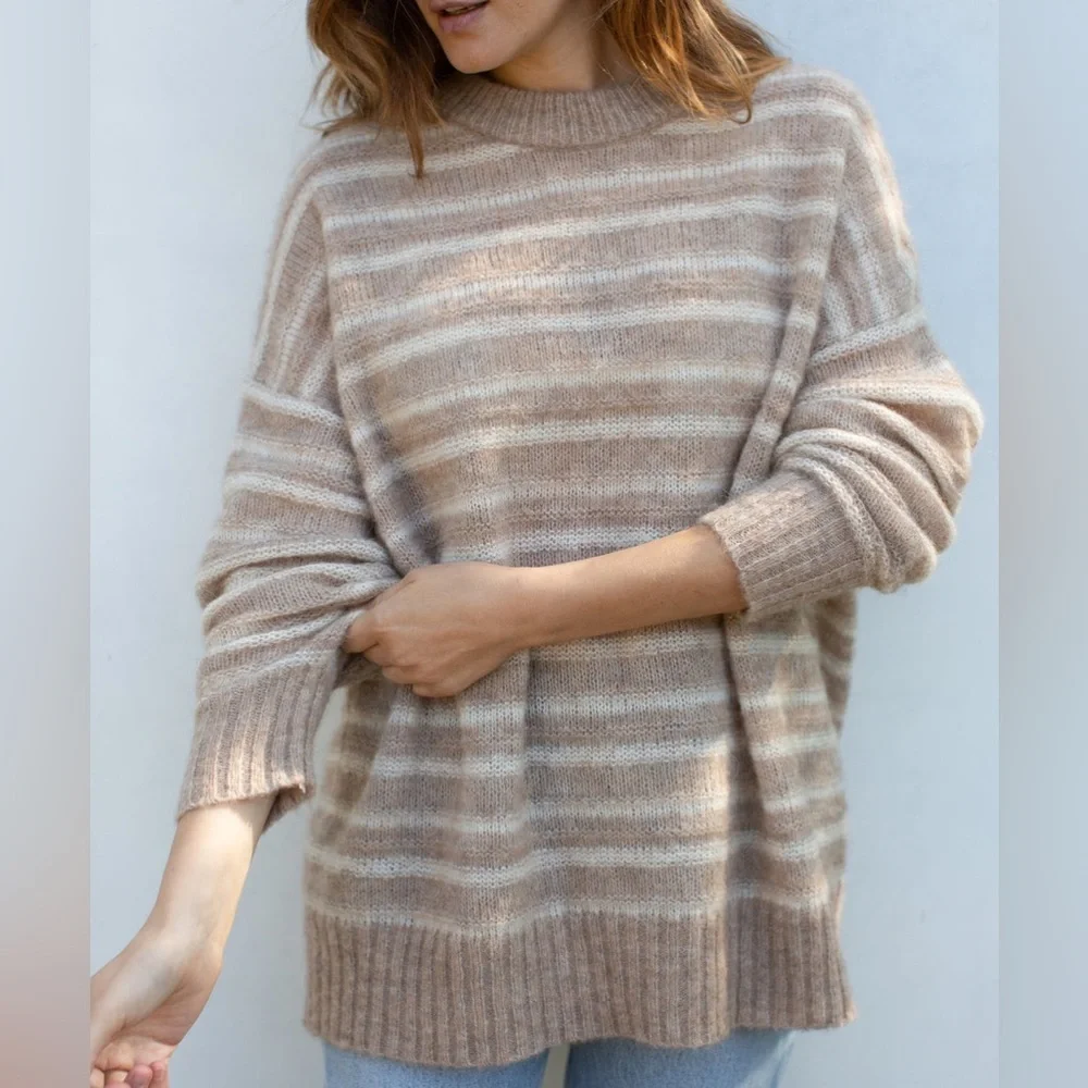 NEW Jenni Kayne Cocoon Crew Neck Sweater in Sand  Stripe Beige | size XL - Picture 2 of 10